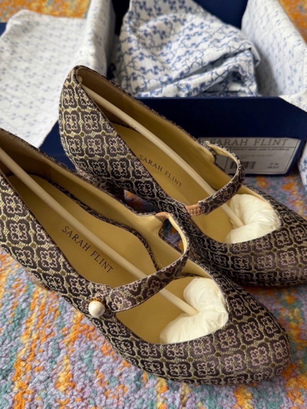 NIB Sarah Flint Plum & Gold Floral Jacquard Mary Jane Pumps - Size IT 39, US 8.5 - Picture 13 of 16